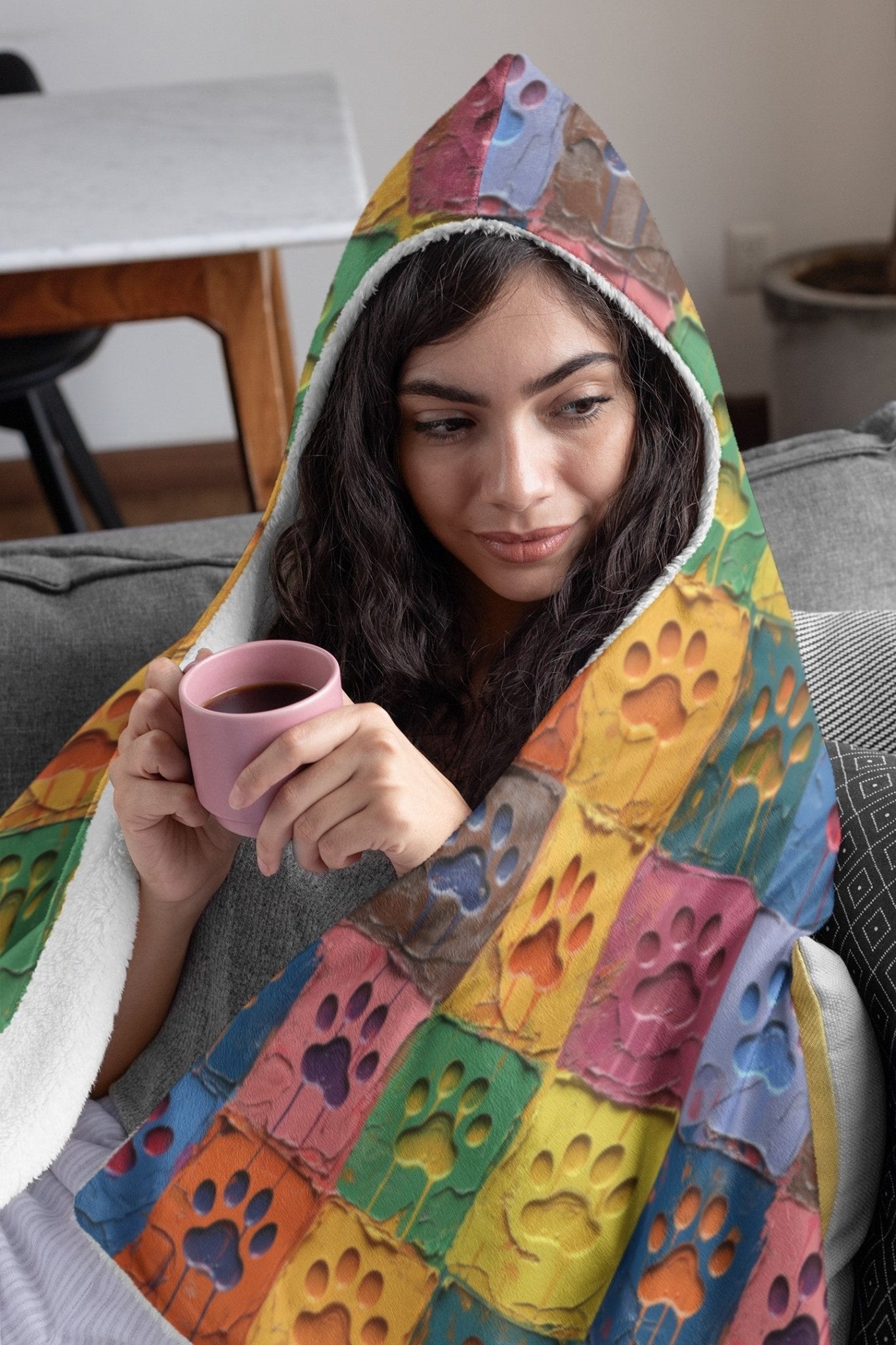 Hooded Sherpa Blanket - Paw Print Squares - Hobbster