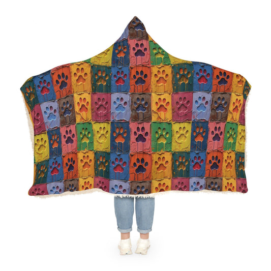 Hooded Sherpa Blanket - Paw Print Squares - Hobbster