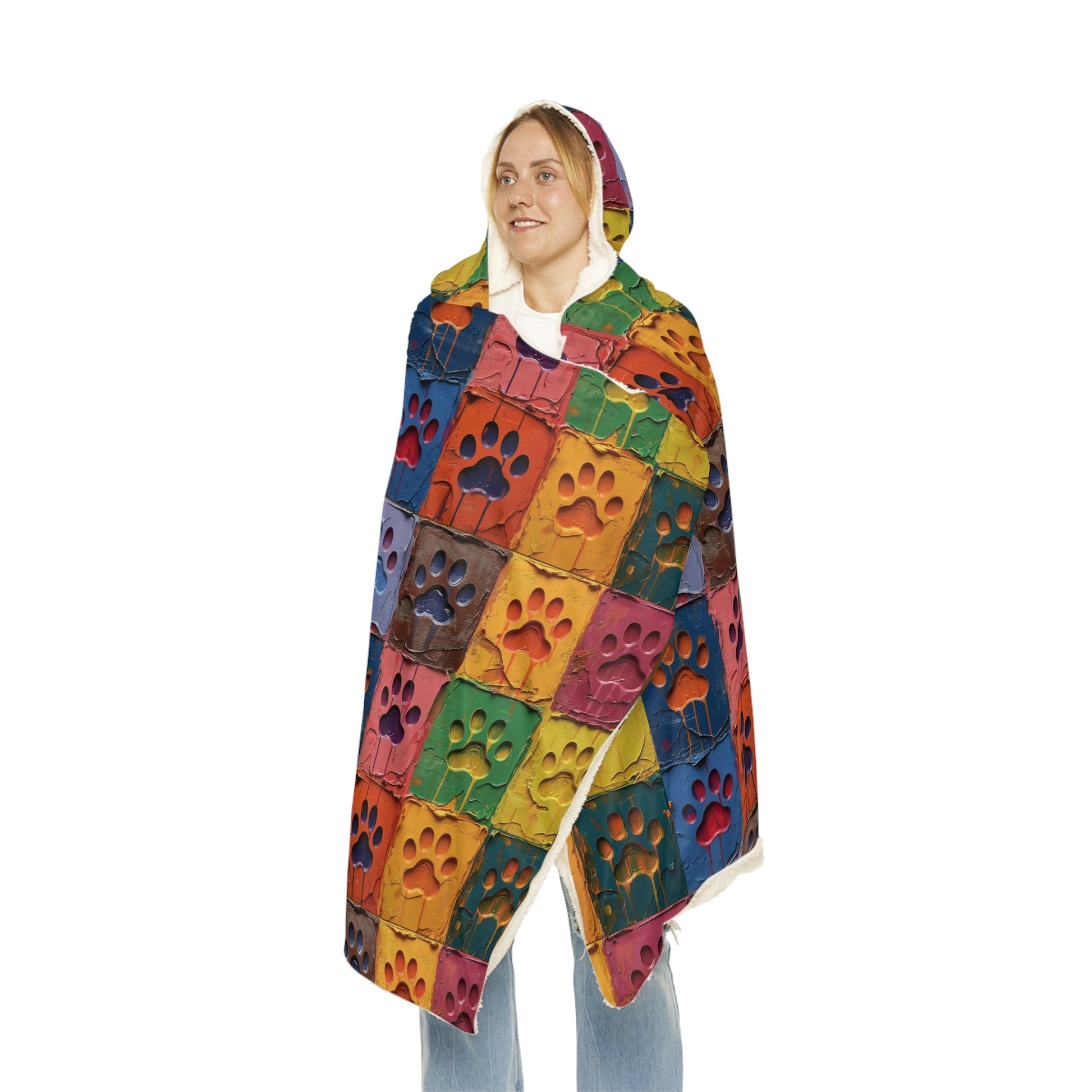 Hooded Sherpa Blanket - Paw Print Squares - Hobbster