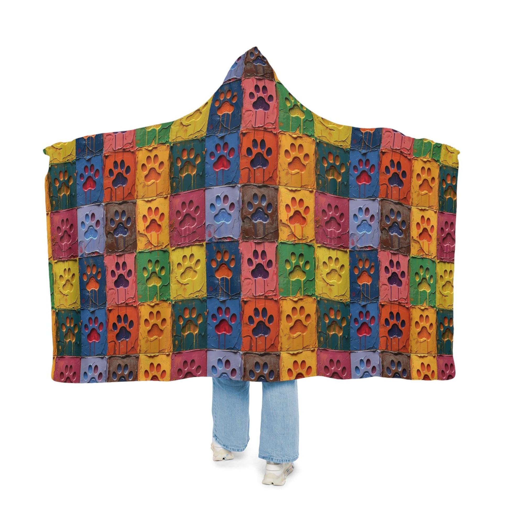 Hooded Sherpa Blanket - Paw Print Squares - Hobbster