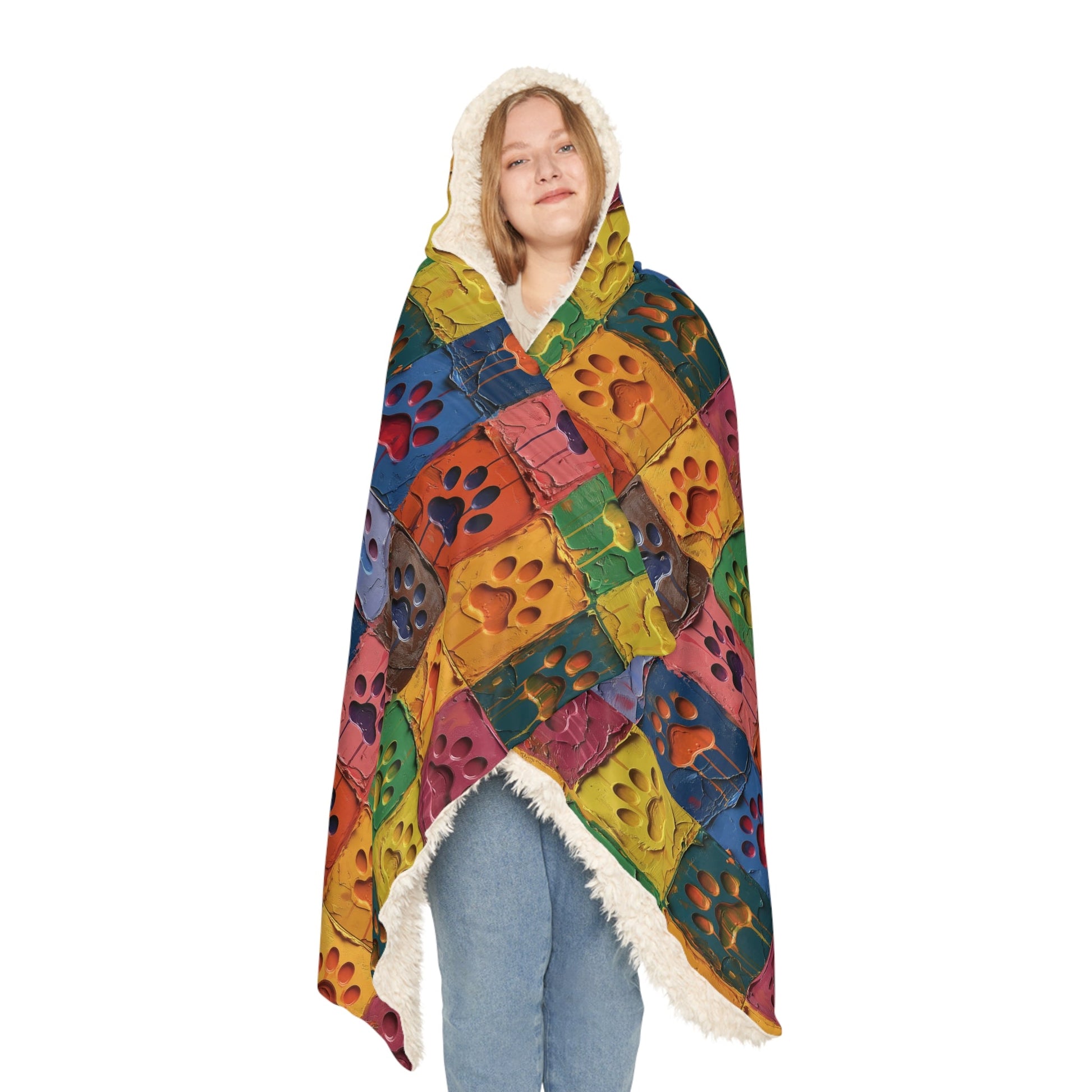 Hooded Sherpa Blanket - Paw Print Squares - Hobbster