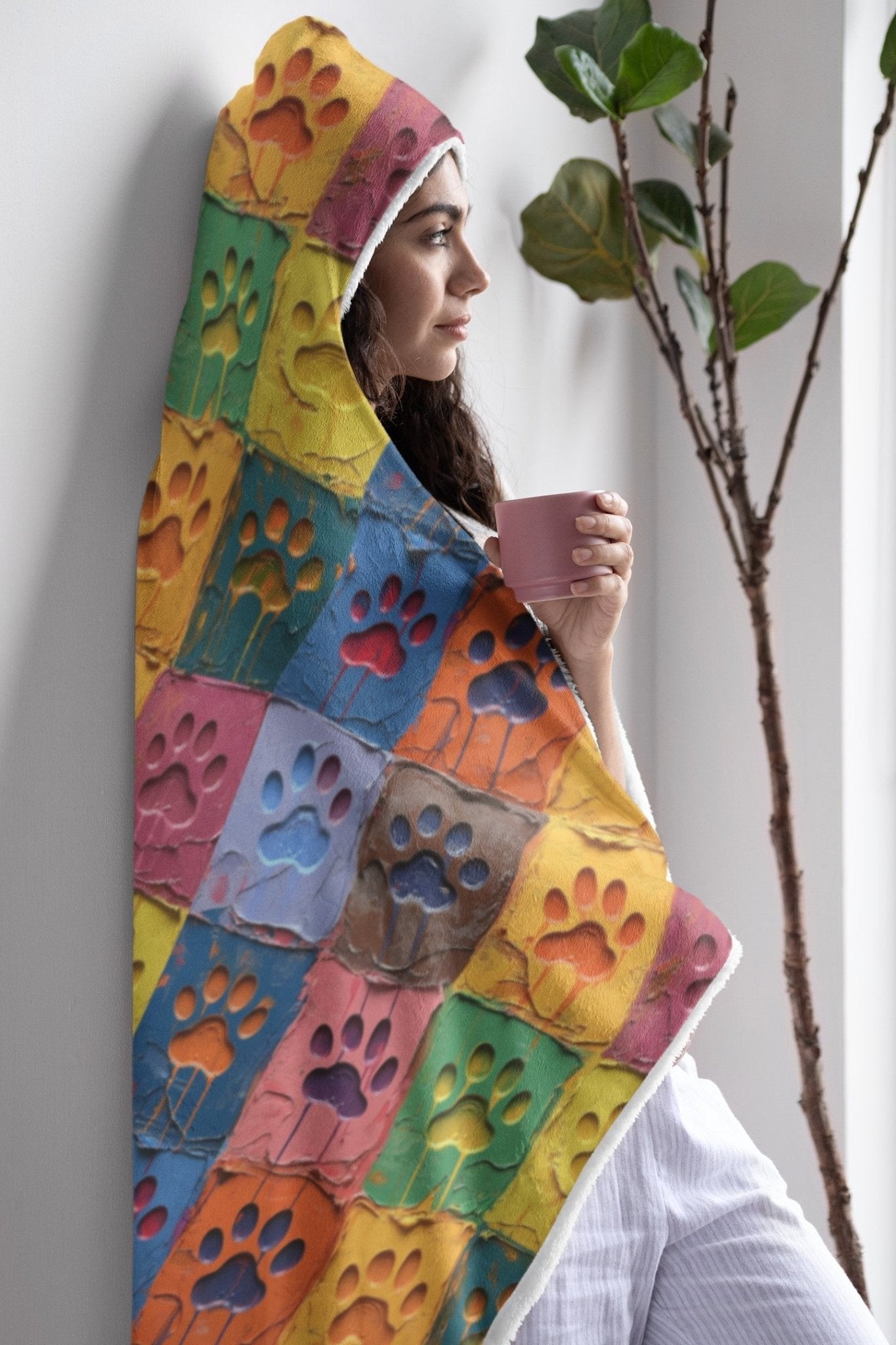 Hooded Sherpa Blanket - Paw Print Squares - Hobbster