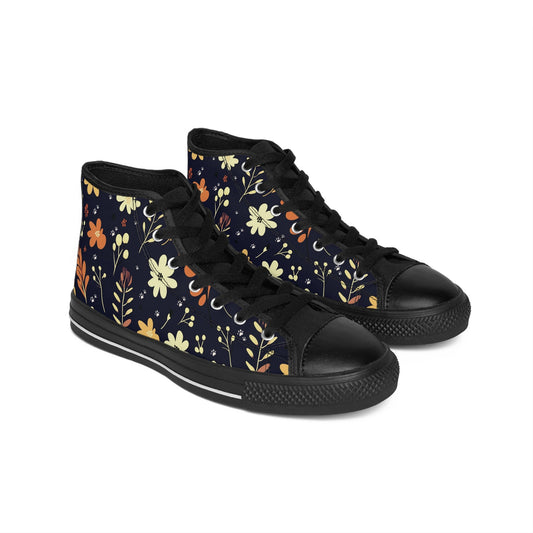 Men's Classic Sneakers featuring a Dark Blue Boho Flowers and Paw Print Design - Hobbster