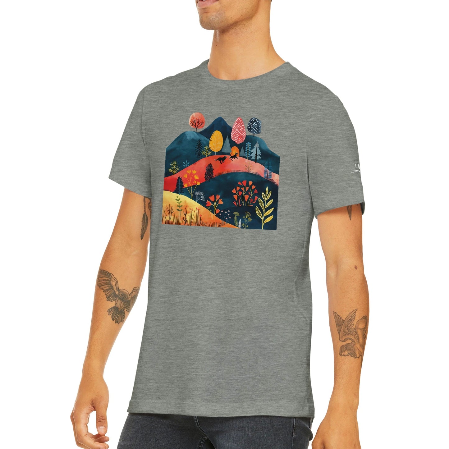 Men's Crewneck T-shirt featuring Cottage Core Style Dogs Running Free Design - Hobbster