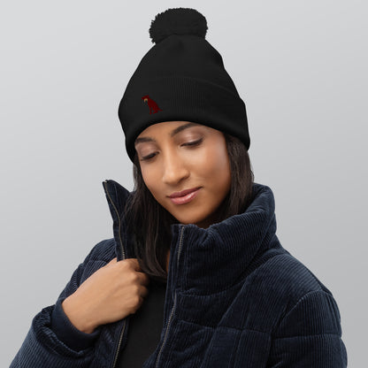 Pom Pom beanie hat featuring embroidered Boxer dog logo - Hobbster