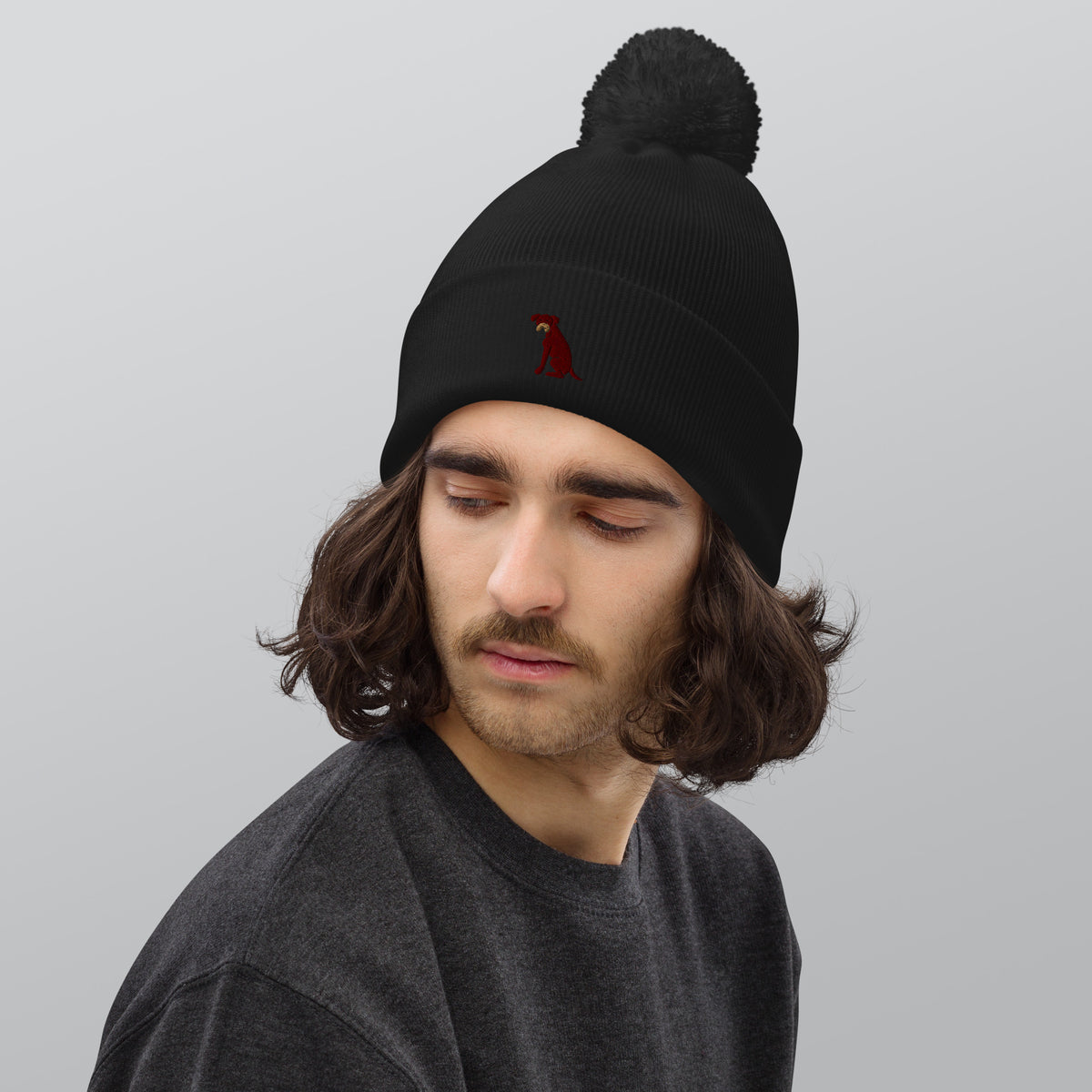 Pom Pom beanie hat featuring embroidered Boxer dog logo - Hobbster