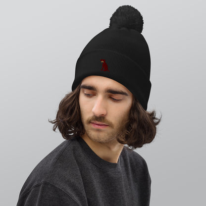 Pom Pom beanie hat featuring embroidered Boxer dog logo - Hobbster