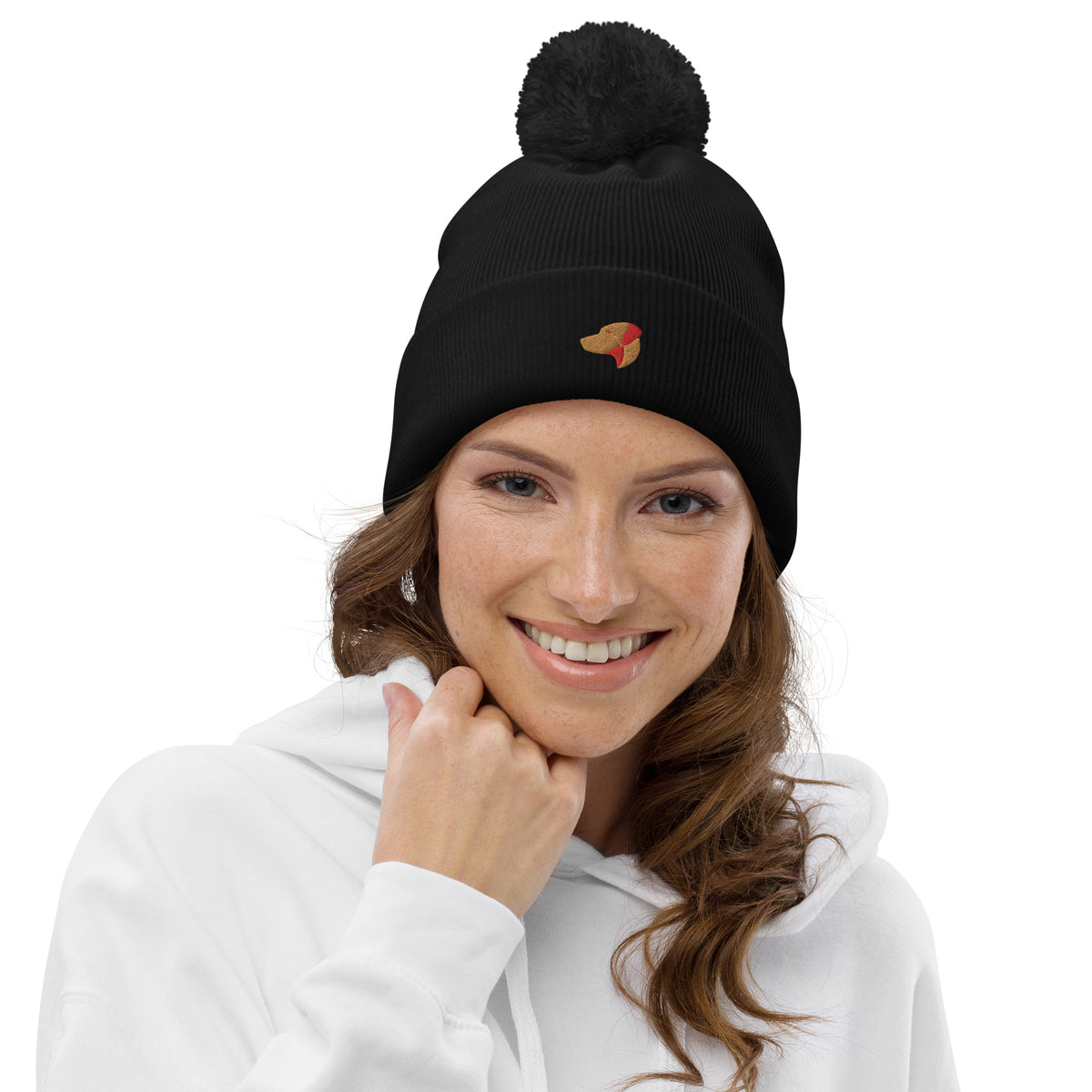 Pom Pom beanie hat featuring embroidered Rhodesian Ridgeback logo - Hobbster