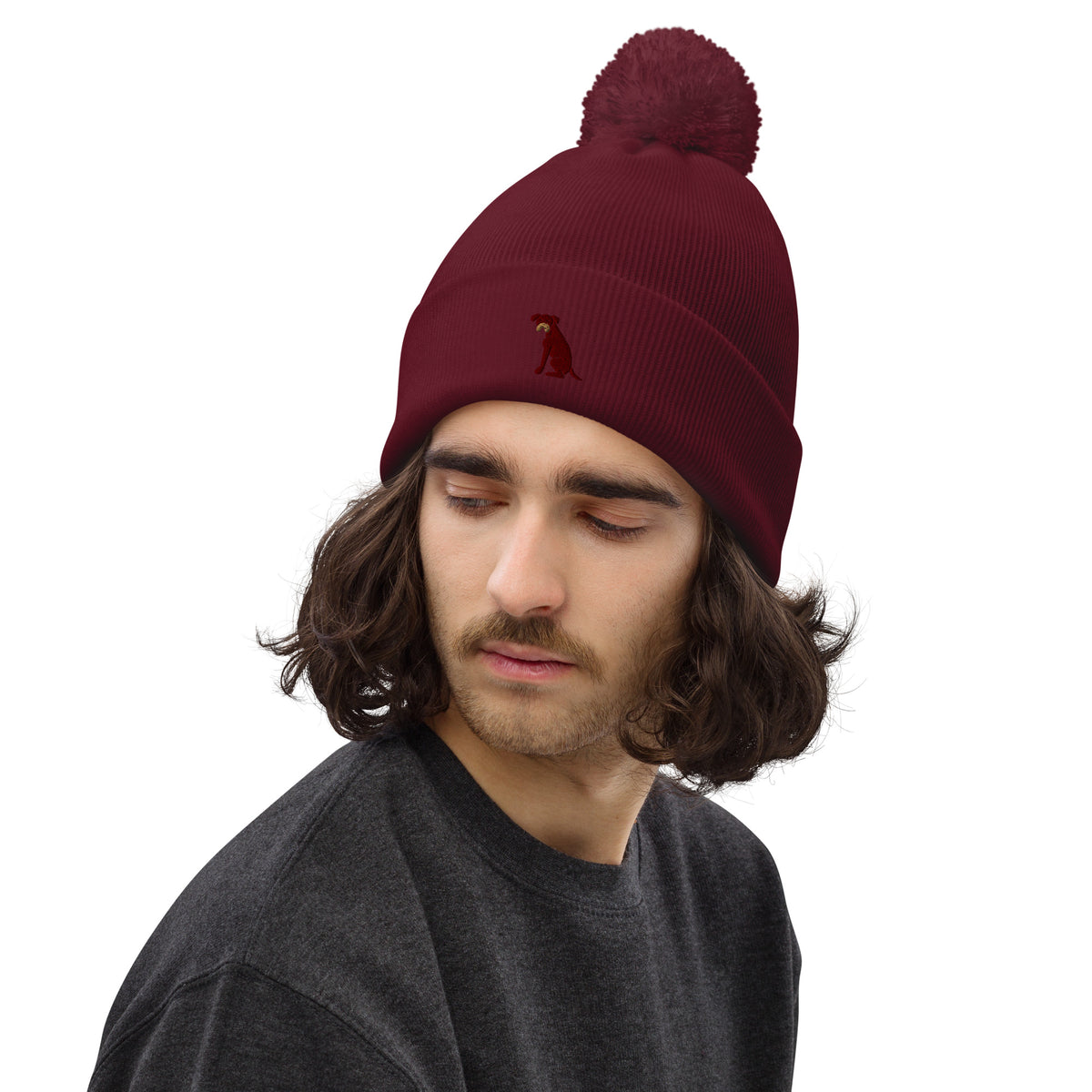 Pom Pom beanie hat featuring embroidered Boxer dog logo - Hobbster