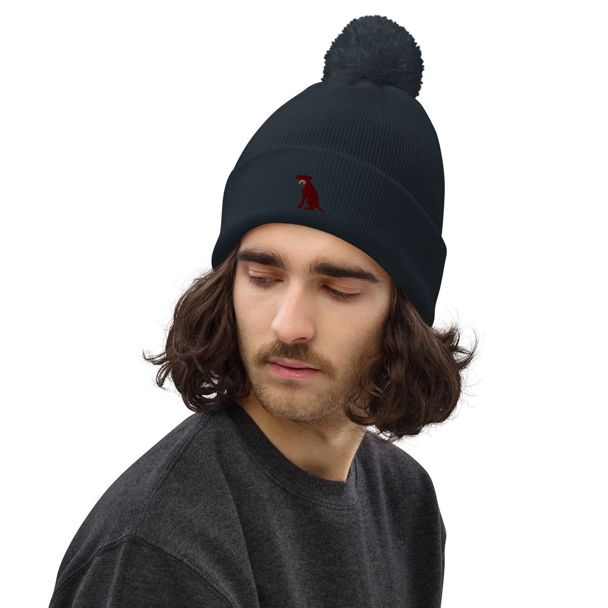 Pom Pom beanie hat featuring embroidered Boxer dog logo - Hobbster