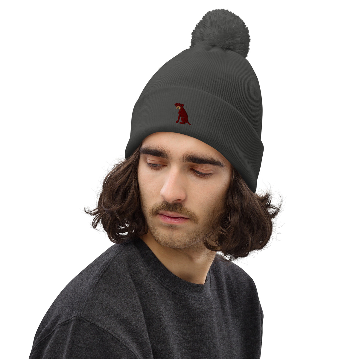 Pom Pom beanie hat featuring embroidered Boxer dog logo - Hobbster