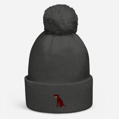 Pom Pom beanie hat featuring embroidered Boxer dog logo - Hobbster