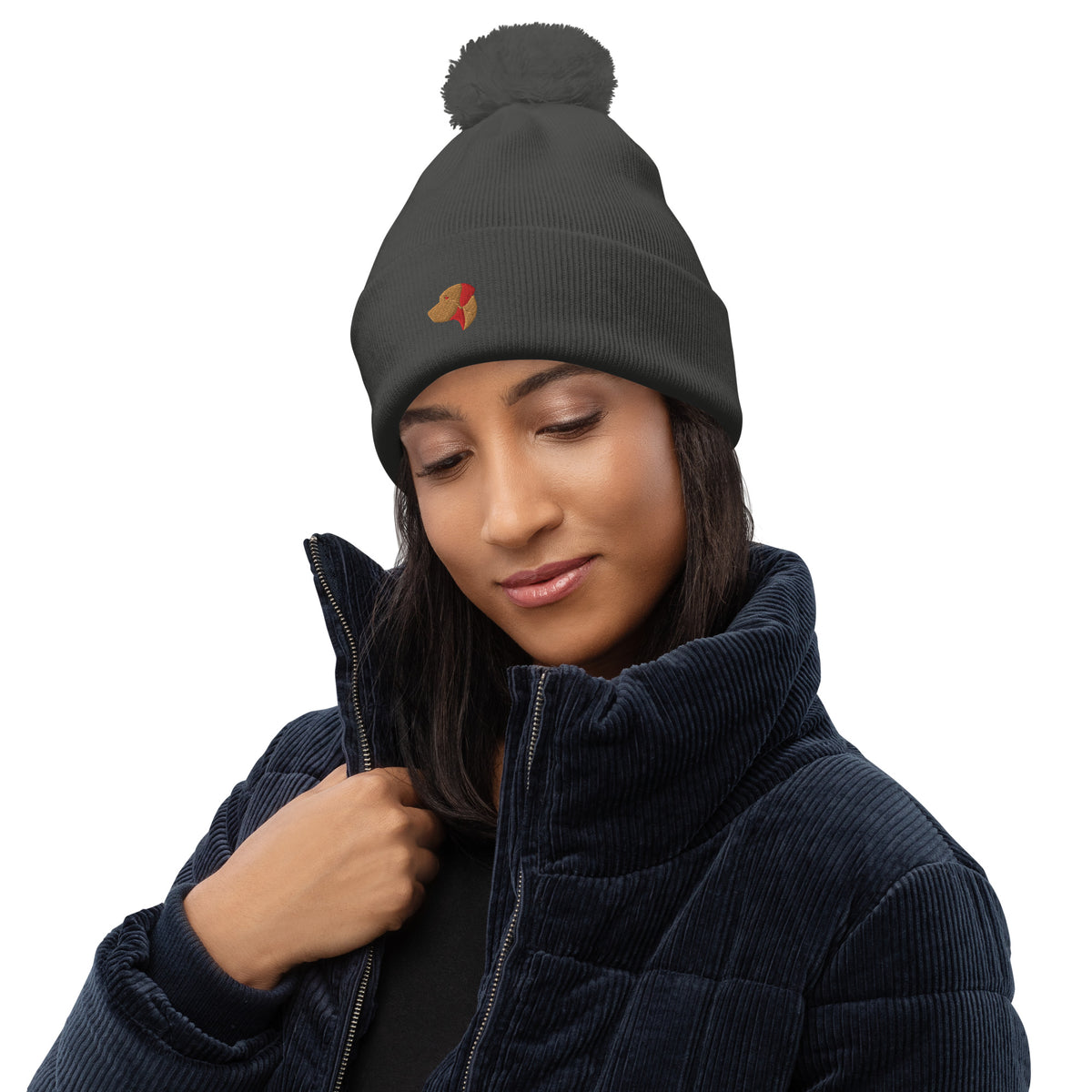 Pom Pom beanie hat featuring embroidered Rhodesian Ridgeback logo - Hobbster