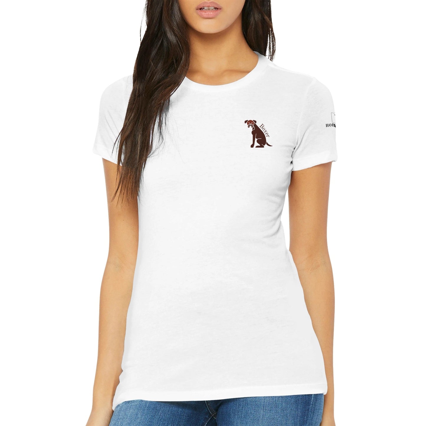 Premium Women's Crewneck T-shirt featuring a boxer dog logo - Hobbster