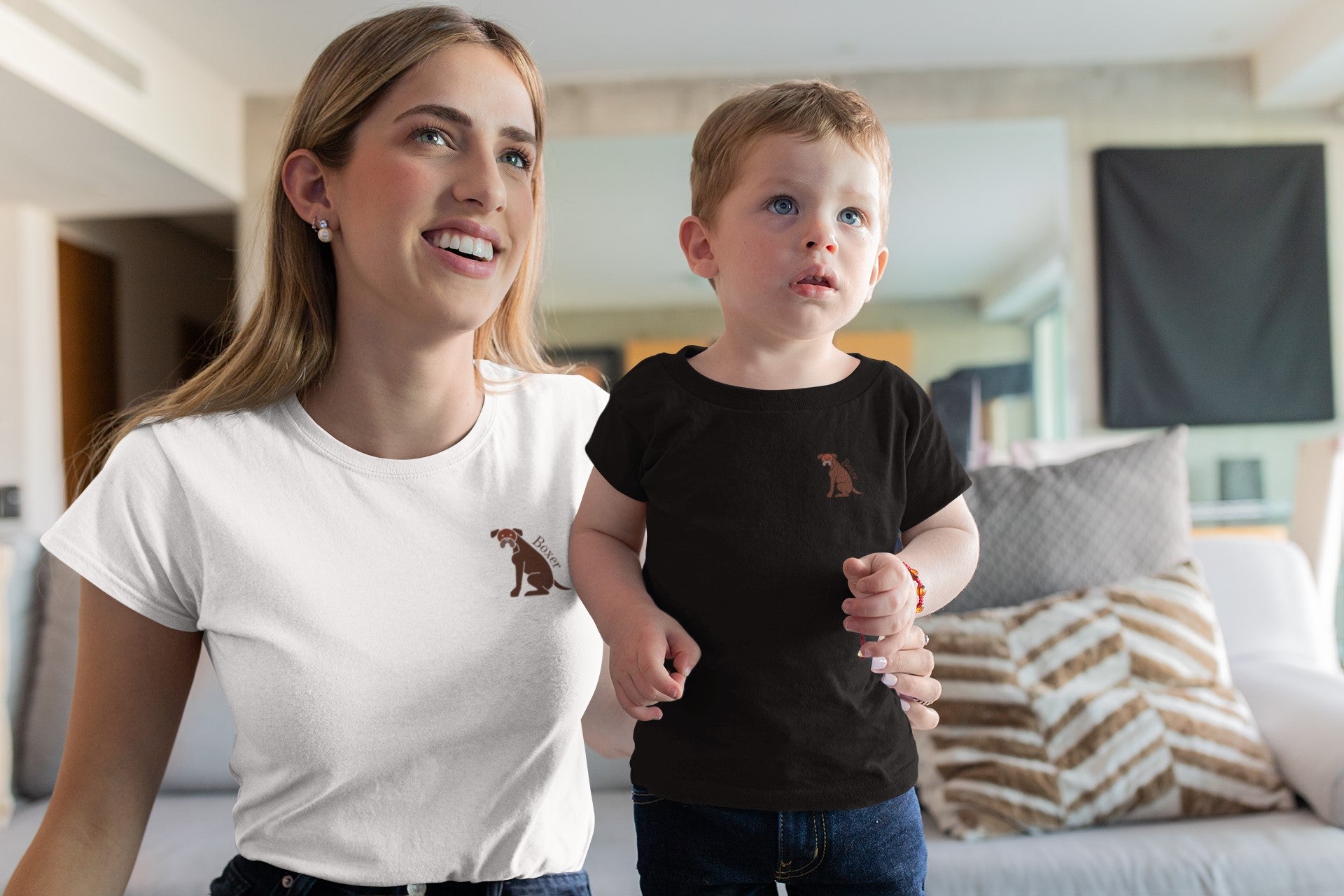 Premium Women's Crewneck T-shirt featuring a boxer dog logo - Hobbster