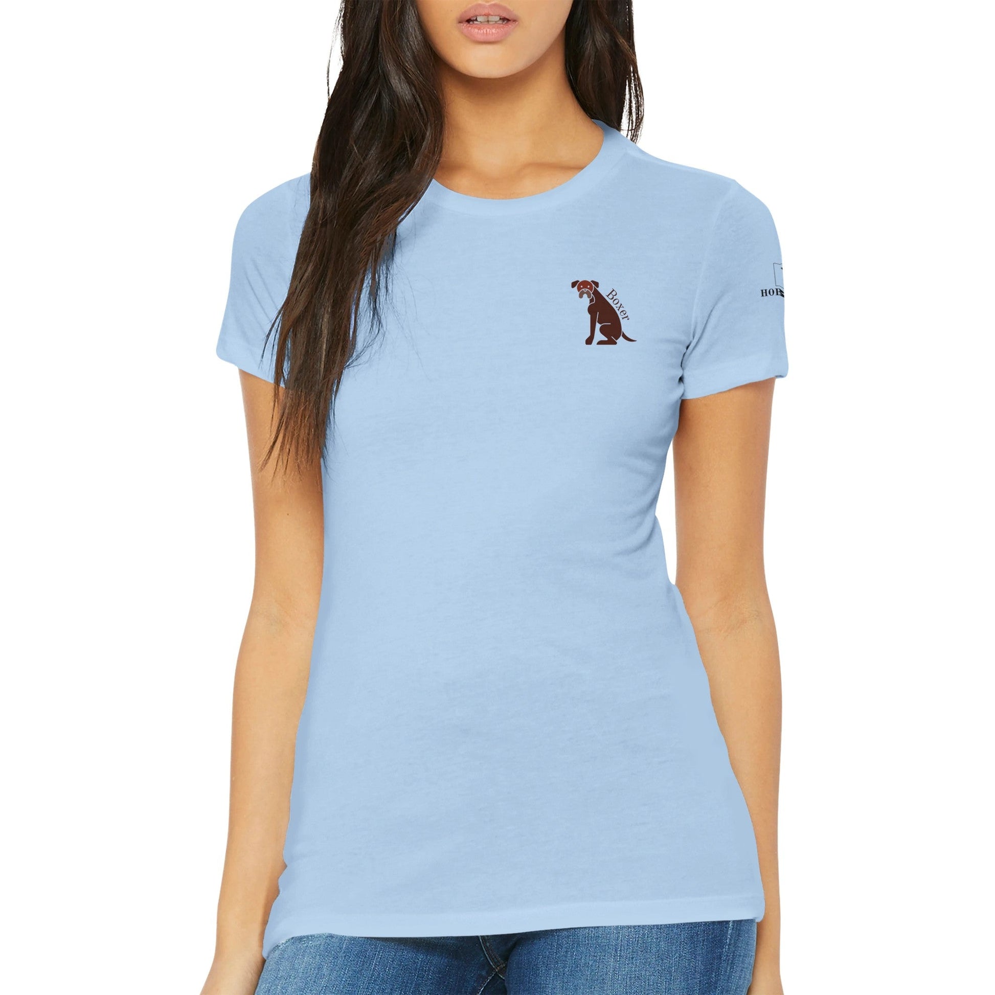Premium Women's Crewneck T-shirt featuring a boxer dog logo - Hobbster