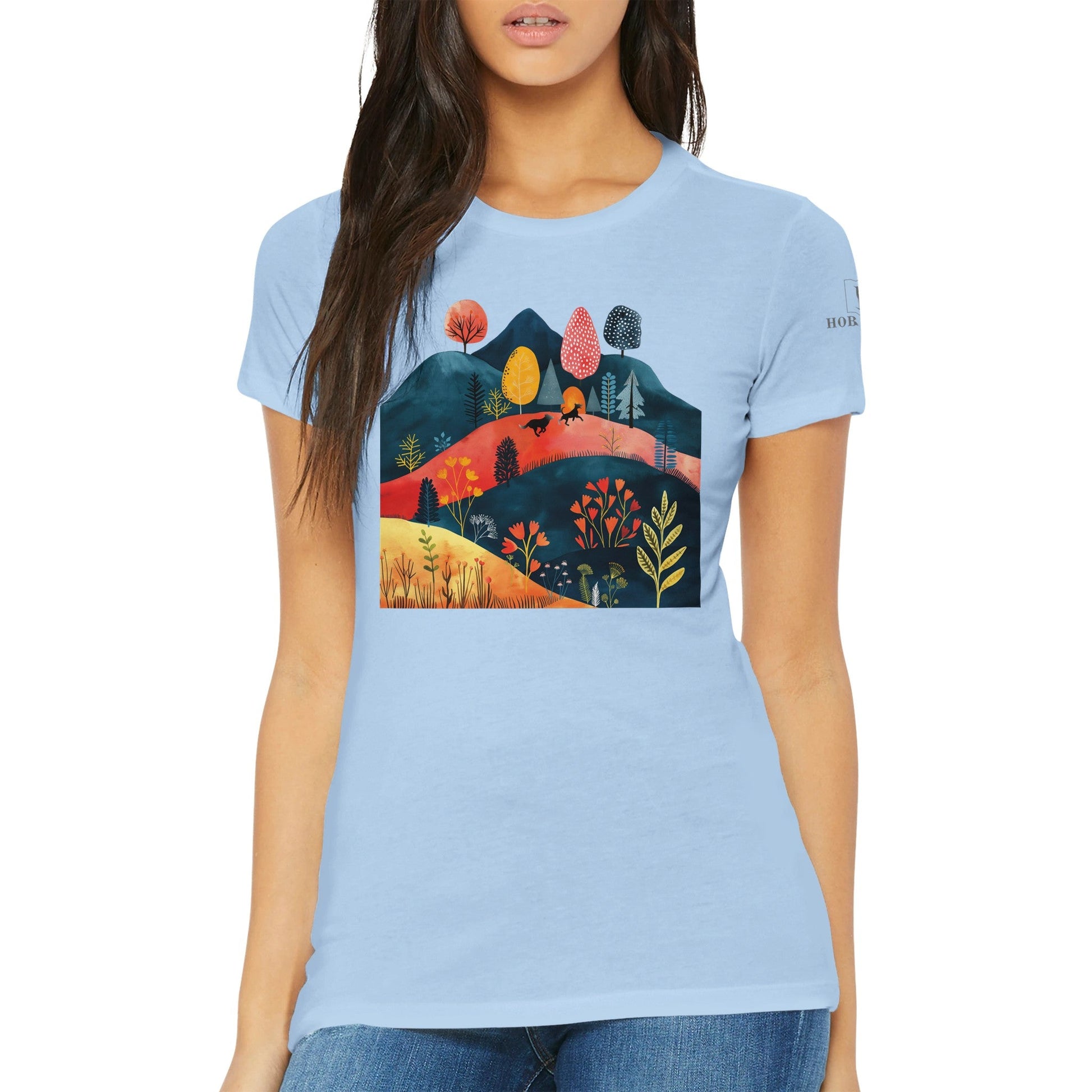 Premium Women's Crewneck T-shirt featuring Cottage Core Style Dogs Running Free Design - Hobbster