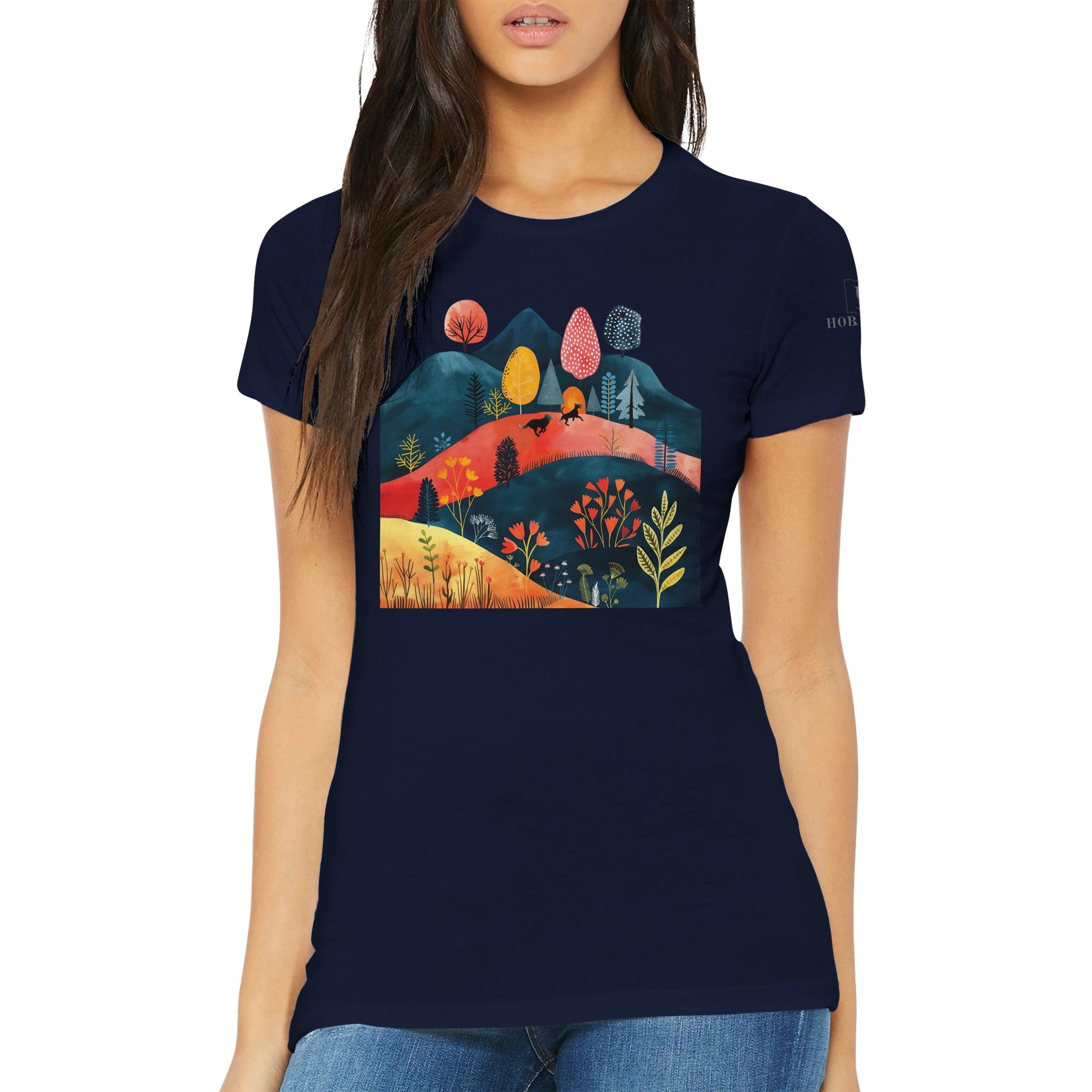 Premium Women's Crewneck T-shirt featuring Cottage Core Style Dogs Running Free Design - Hobbster