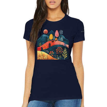 Premium Women's Crewneck T-shirt featuring Cottage Core Style Dogs Running Free Design - Hobbster