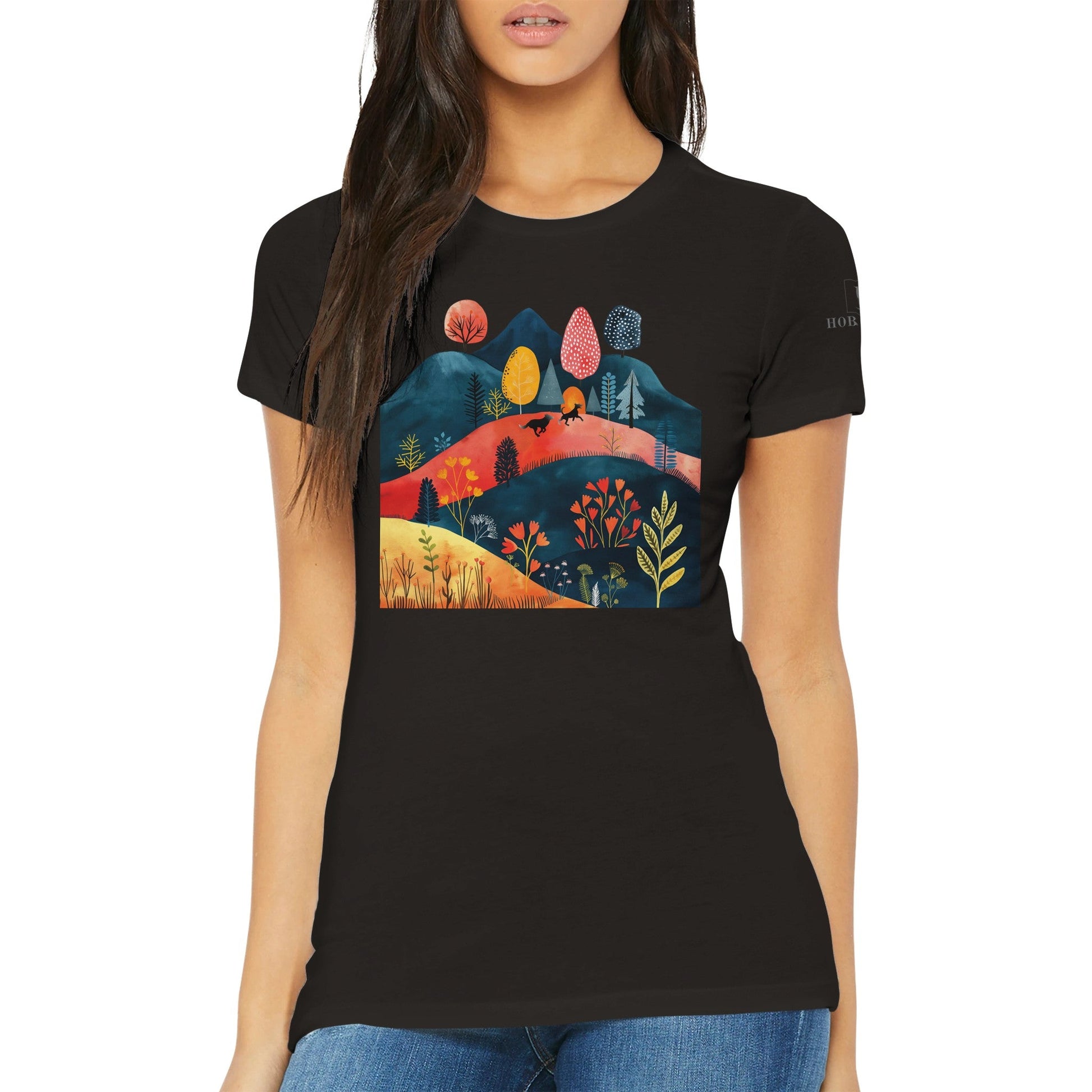 Premium Women's Crewneck T-shirt featuring Cottage Core Style Dogs Running Free Design - Hobbster