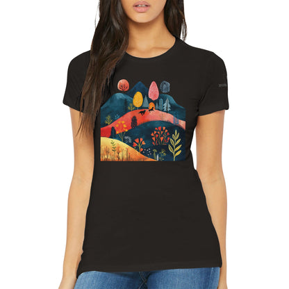 Premium Women's Crewneck T-shirt featuring Cottage Core Style Dogs Running Free Design - Hobbster
