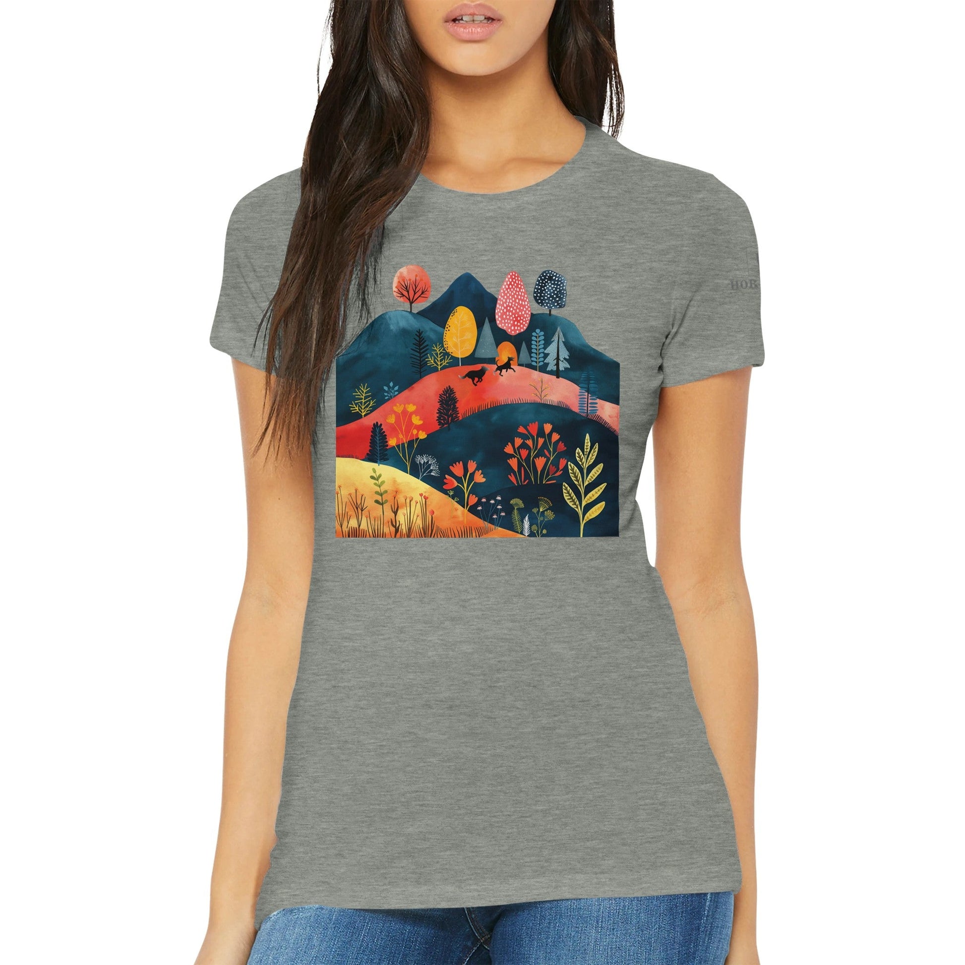 Premium Women's Crewneck T-shirt featuring Cottage Core Style Dogs Running Free Design - Hobbster