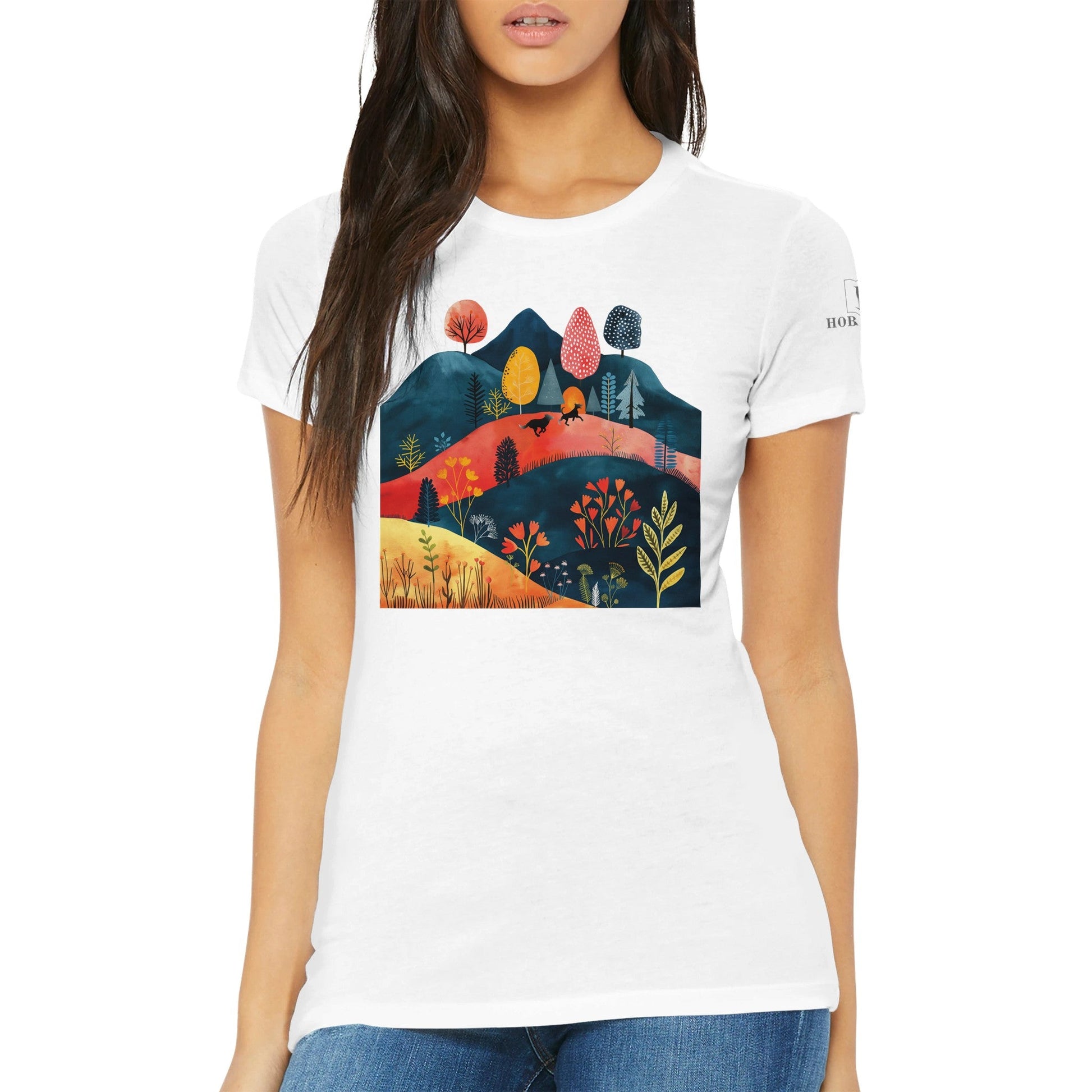 Premium Women's Crewneck T-shirt featuring Cottage Core Style Dogs Running Free Design - Hobbster