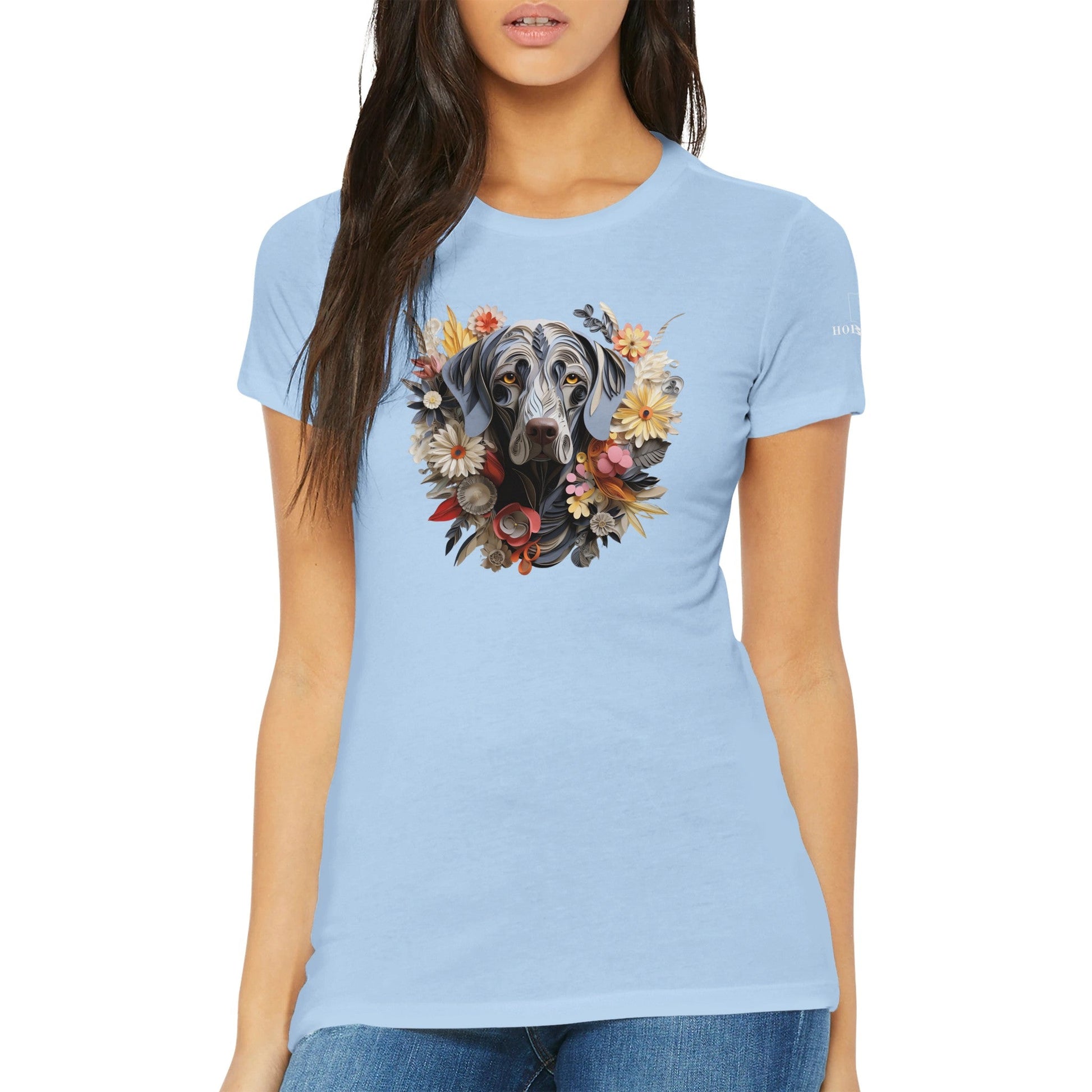 Premium Women's Crewneck T-shirt with a Weimaraner Paper Quilling Design - Hobbster