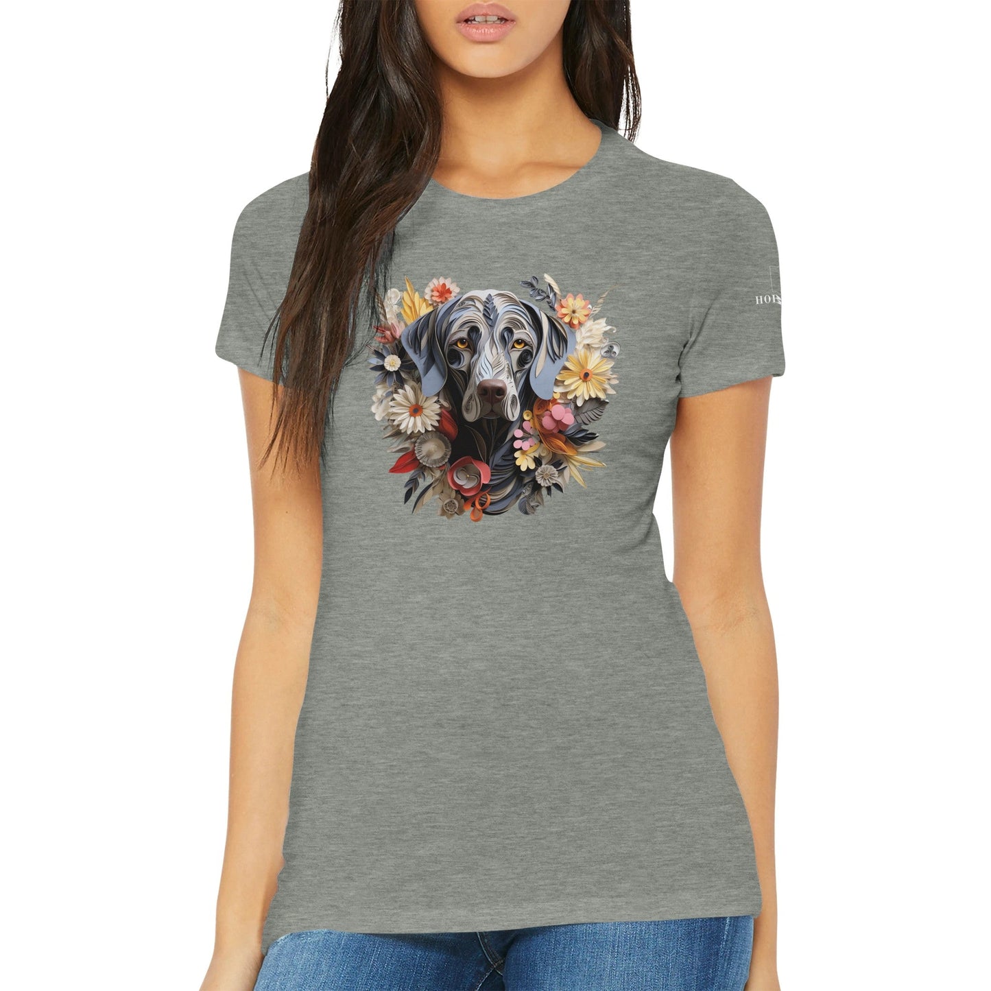 Premium Women's Crewneck T-shirt with a Weimaraner Paper Quilling Design - Hobbster