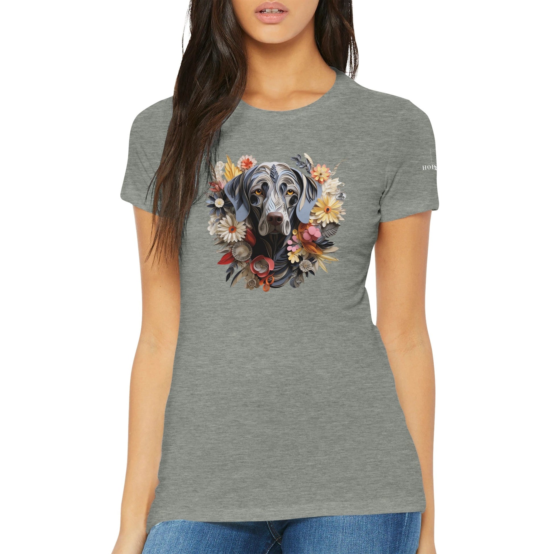 Premium Women's Crewneck T-shirt with a Weimaraner Paper Quilling Design - Hobbster