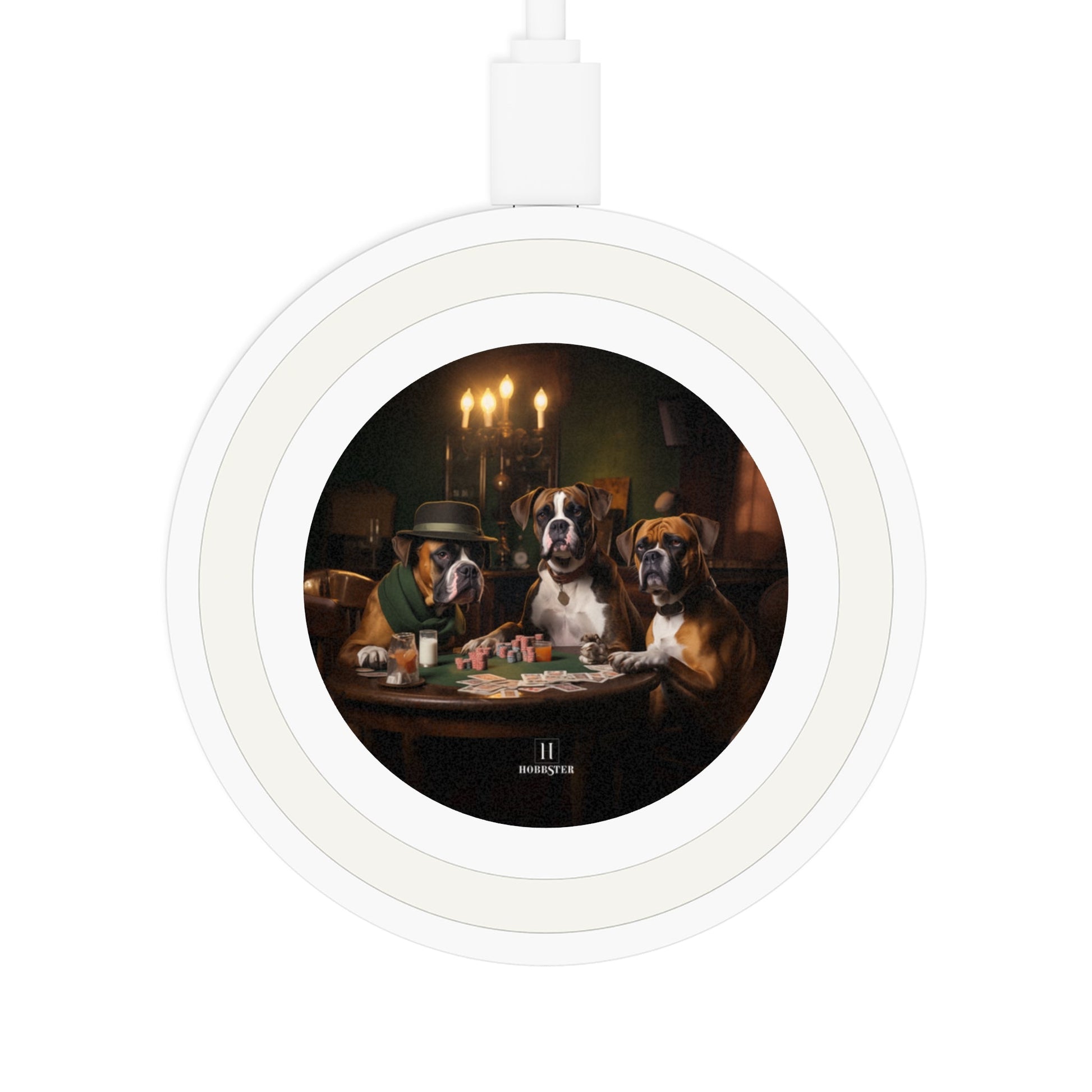 Quake Wireless 5W Charging Pad featuring a vintage Boxer dog design [2.7"w x 0.33"h] - Hobbster