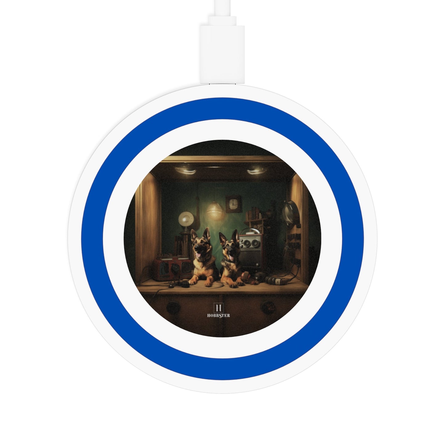 Quake Wireless 5W Charging Pad featuring a vintage German Shepherd dog design [2.7"w x 0.33"h] - Hobbster