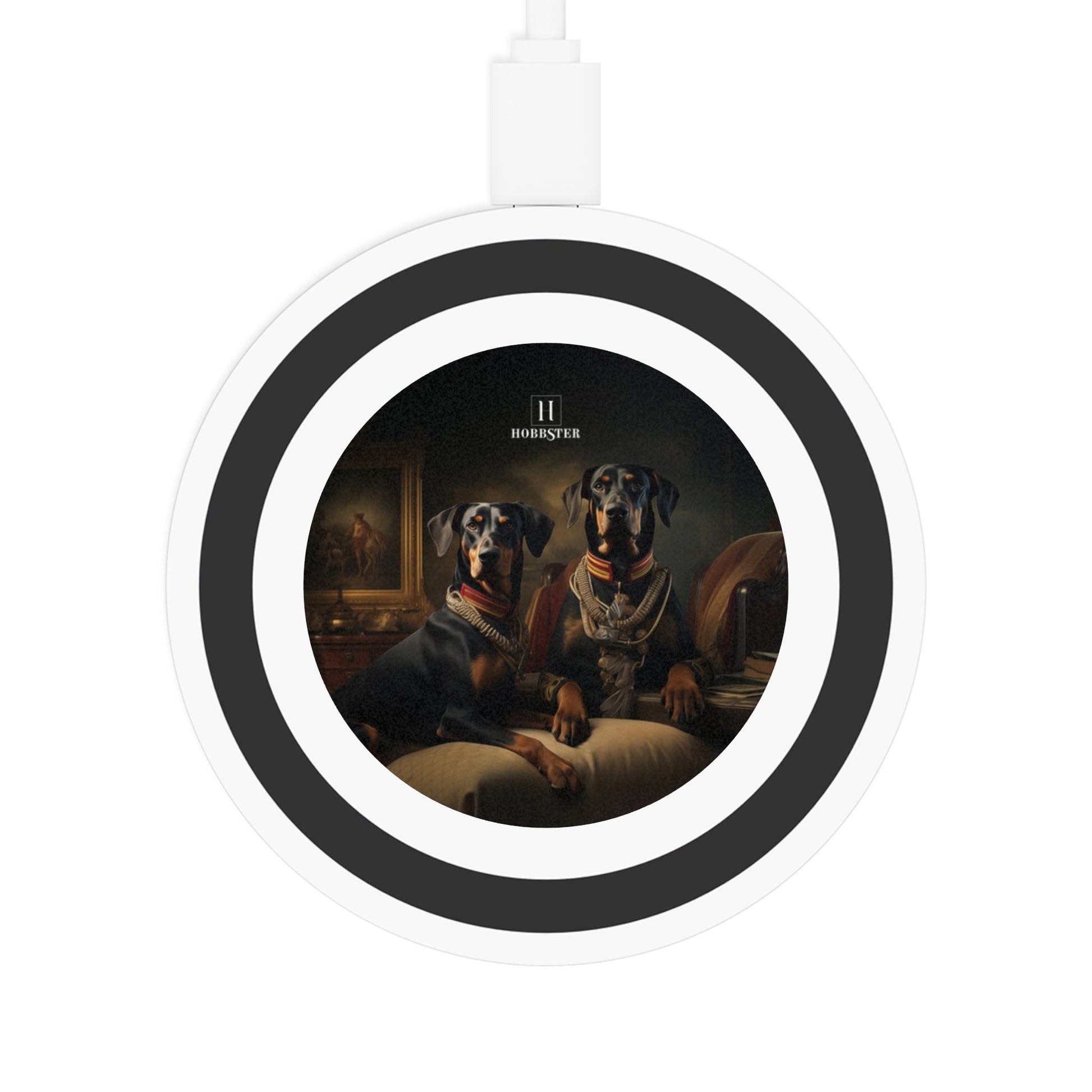 Quake Wireless 5W Charging Pad featuring Art Deco Doberman design [2.7"w x 0.33"h] - Hobbster