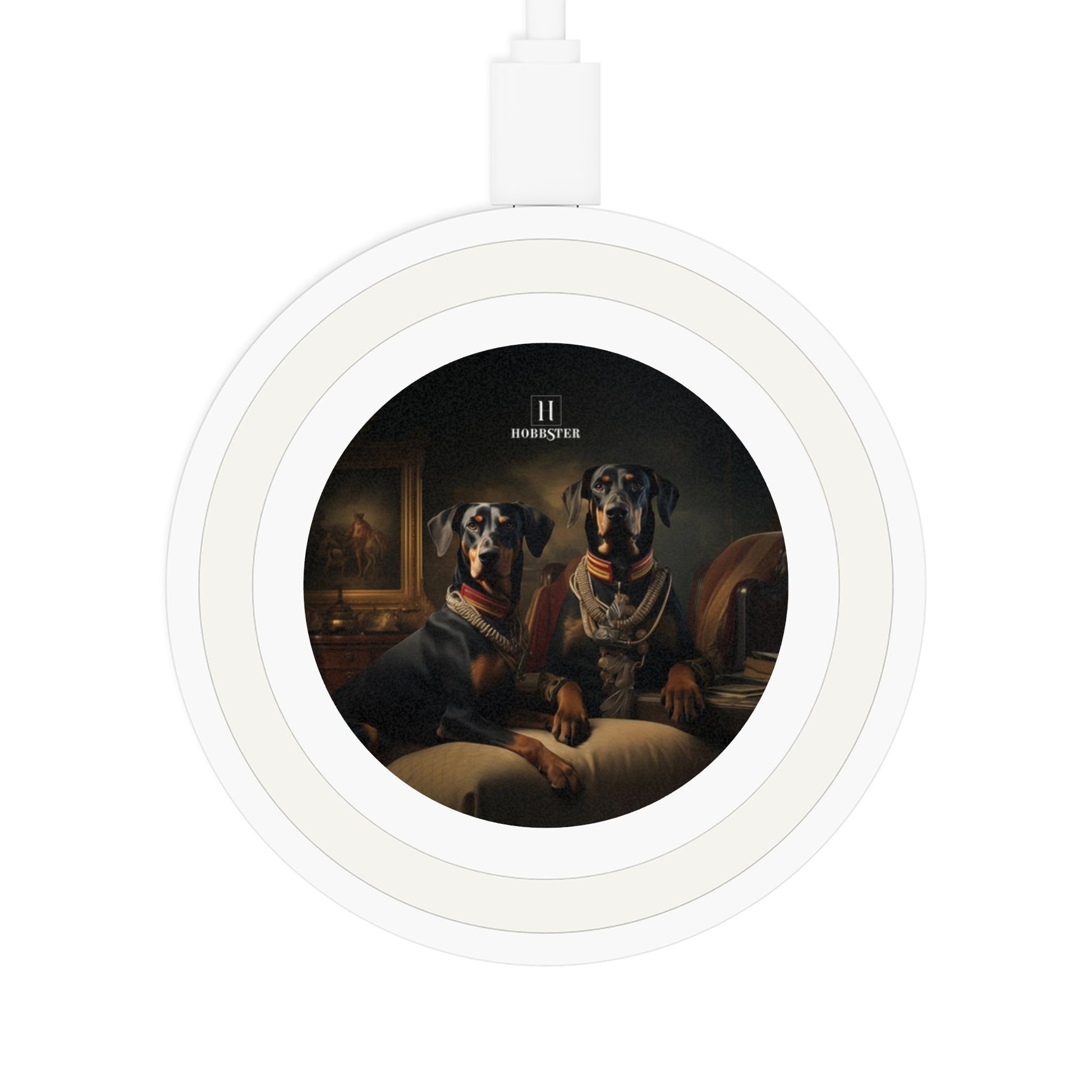 Quake Wireless 5W Charging Pad featuring Art Deco Doberman design [2.7"w x 0.33"h] - Hobbster
