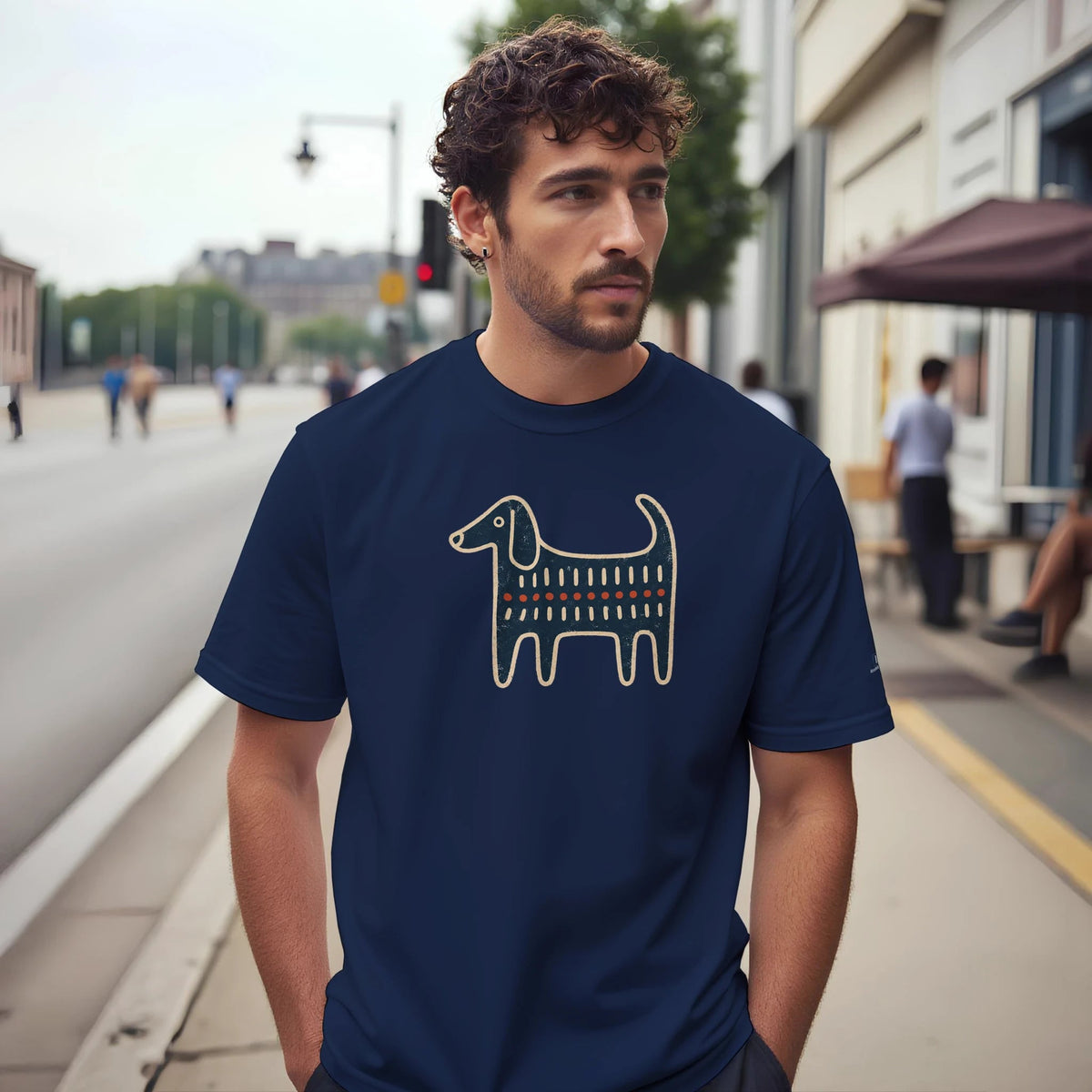 Retro Folk-Art Blue Dog Men's Cotton T-shirt - Hobbster