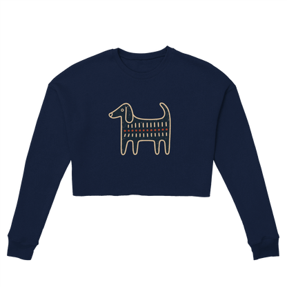Retro Folk-Art Blue Dog Women's Cropped Sweatshirt - Hobbster