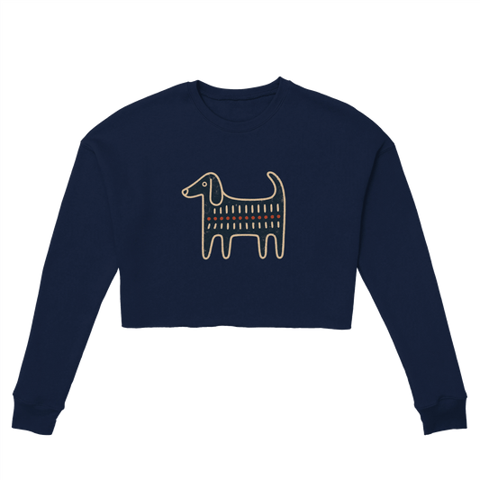 Retro Folk-Art Blue Dog Women's Cropped Sweatshirt - Hobbster