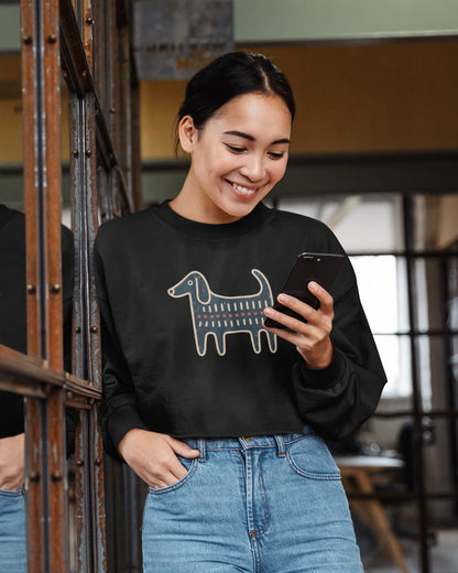 Retro Folk-Art Blue Dog Women's Cropped Sweatshirt - Hobbster