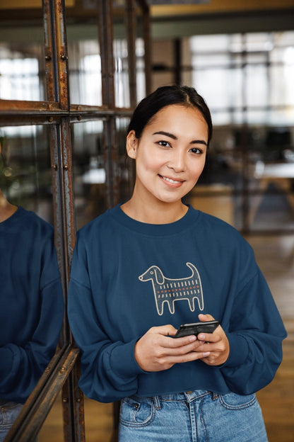 Retro Folk-Art Blue Dog Women's Cropped Sweatshirt - Hobbster