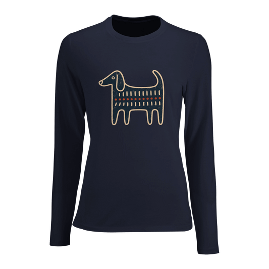 Retro Folk-Art Blue Dog Women's Long Sleeve T-shirt - Hobbster