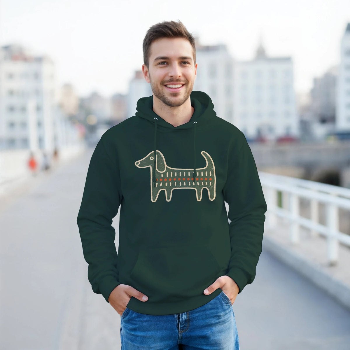 Retro Folk-Art Green Dog Classic Men's Hoodie - Hobbster