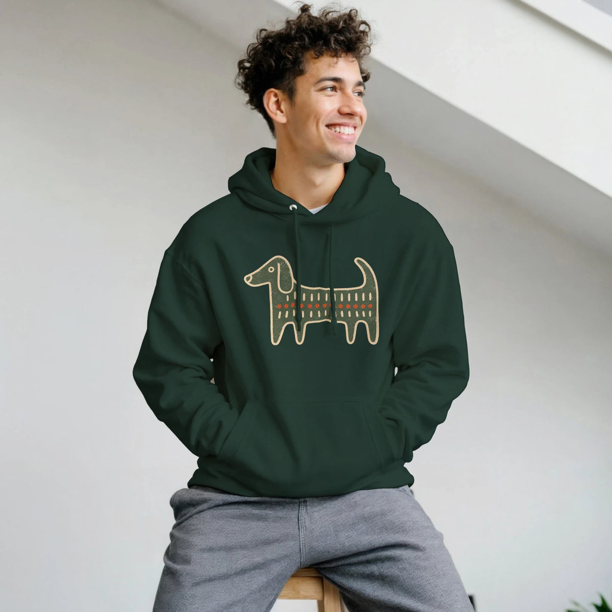 Retro Folk-Art Green Dog Classic Men's Hoodie - Hobbster