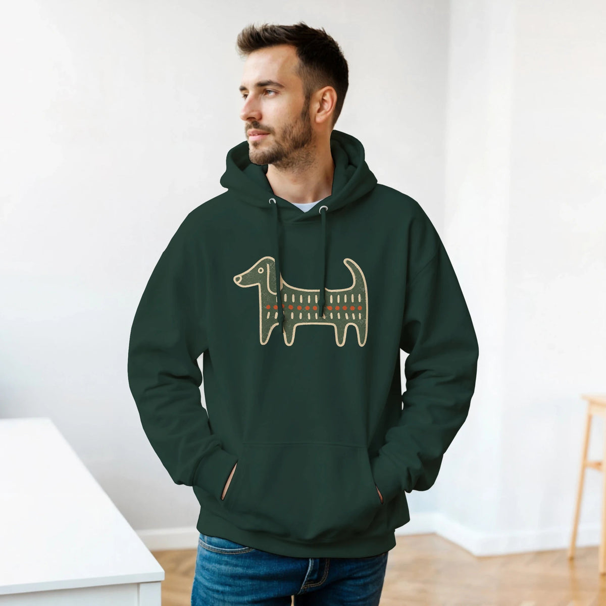 Retro Folk-Art Green Dog Classic Men's Hoodie - Hobbster