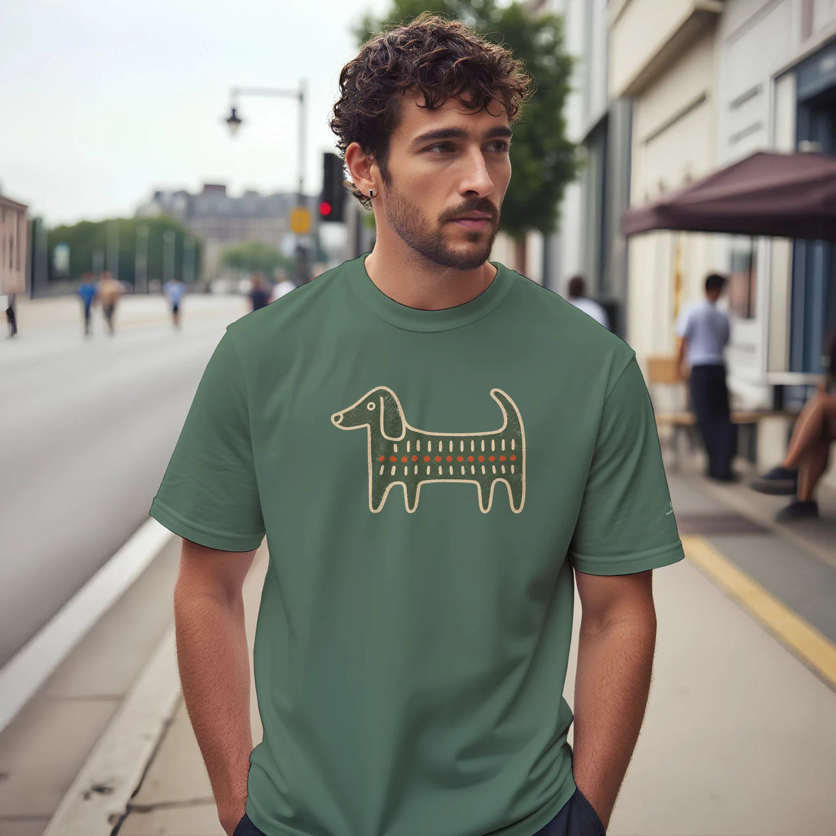 Retro Folk-Art Green Dog Men's Cotton T-shirt - Hobbster