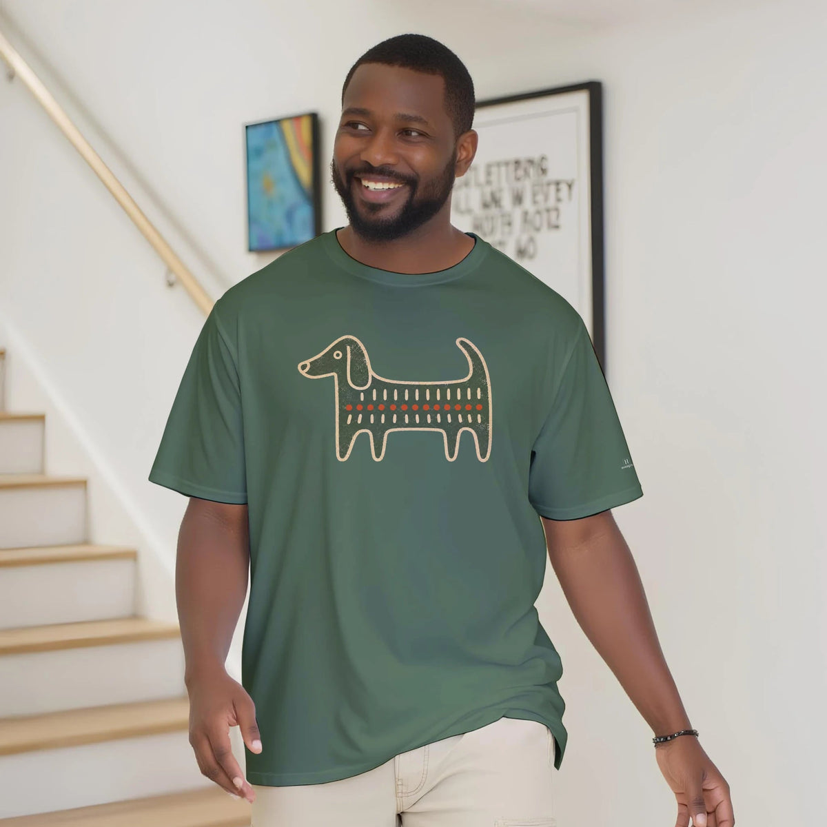 Retro Folk-Art Green Dog Men's Cotton T-shirt - Hobbster