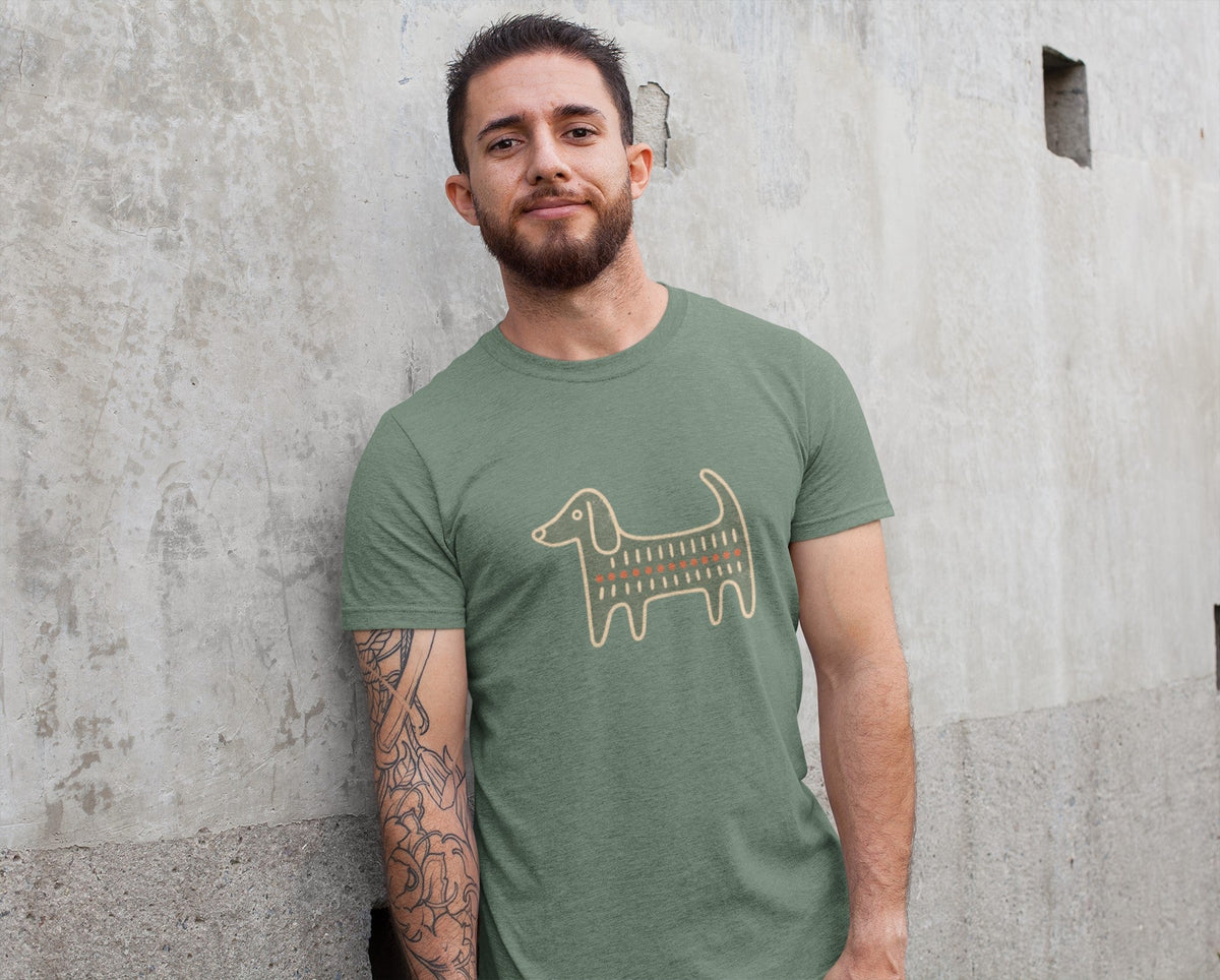 Retro Folk-Art Green Dog Men's Cotton T-shirt - Hobbster