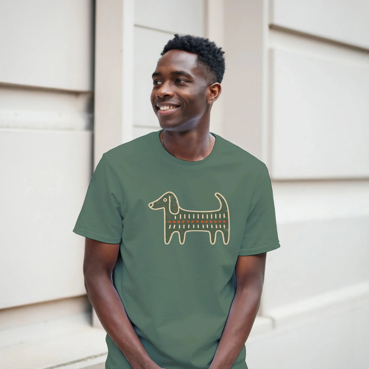 Retro Folk-Art Green Dog Men's Cotton T-shirt - Hobbster