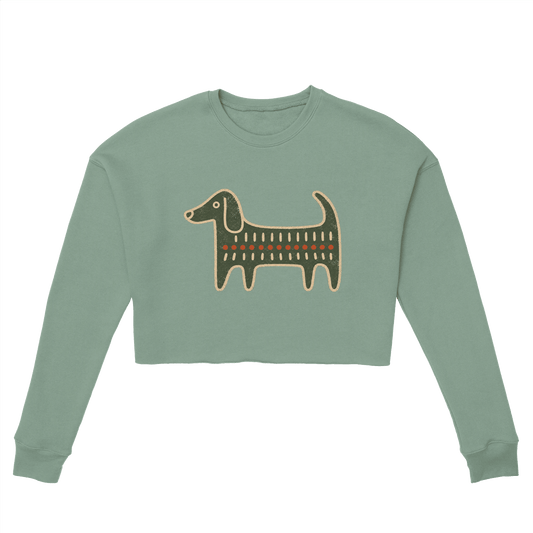 Retro Folk-Art Green Dog Women's Cropped Sweatshirt - Hobbster