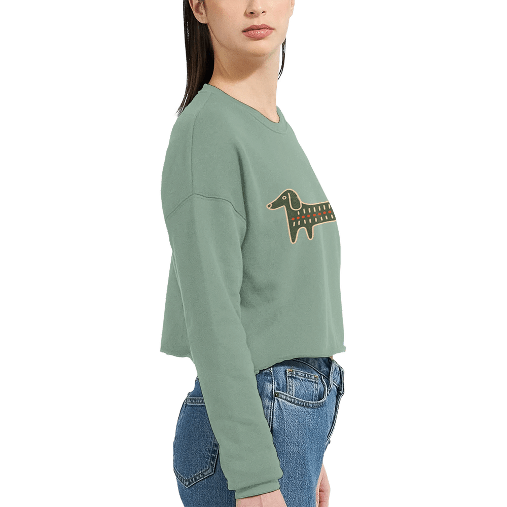 Retro Folk-Art Green Dog Women's Cropped Sweatshirt - Hobbster