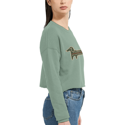 Retro Folk-Art Green Dog Women's Cropped Sweatshirt - Hobbster